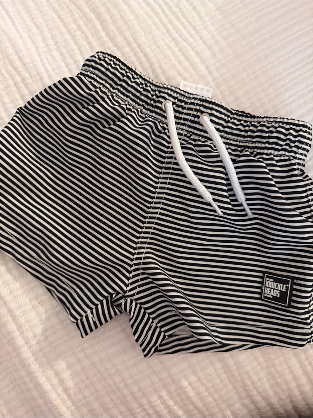 Black & White Striped Kids Swim Trunks